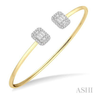 Stackable Emerald Shape Halo Fusion Diamond Open Cuff Bangle