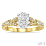 1/2 ctw Oval Shape Leaf Carved Shank Lovebright Round Cut Diamond Engagement Ring in 14K Yellow and White Gold