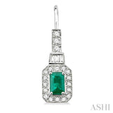 6x4 MM Emerald Shape Emerald and 1/2 Ctw Baguette and Round Cut Diamond Earrings in 14K White Gold