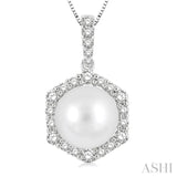 8X8MM Cultured Pearl and 1/3 Ctw Hexagon Shape Round Cut Diamond Pendant With Chain in 14K White Gold