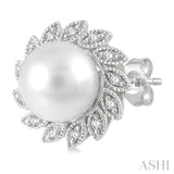1/10 Ctw Sunflower 6x6 MM Cultured Pearls and Round Cut Diamond Earrings in 10K White Gold