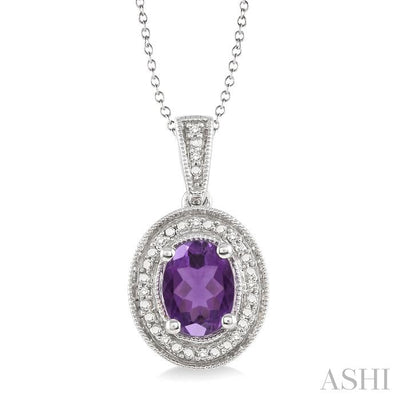 Silver Oval Shape Gemstone & Halo Diamond Pendant
