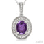 Silver Oval Shape Gemstone & Halo Diamond Pendant