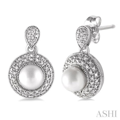 Silver Pearl & Halo Diamond Earrings