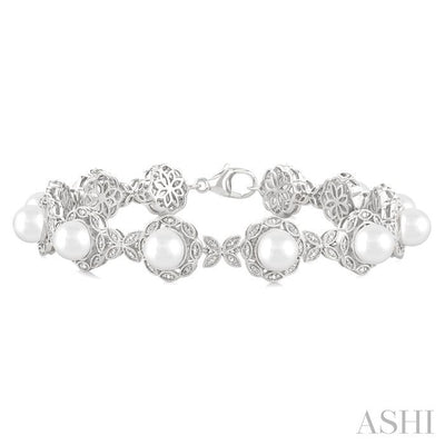 Silver Floral Pearl & Diamond Bracelet