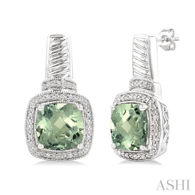 Silver Cushion Shape Gemstone & Diamond Earrings
