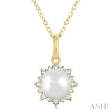 1/10 ctw Petite Sun 6X6 MM Cultured Pearl and Round Cut Diamond Fashion Pendant With Chain in 10K Yellow Gold