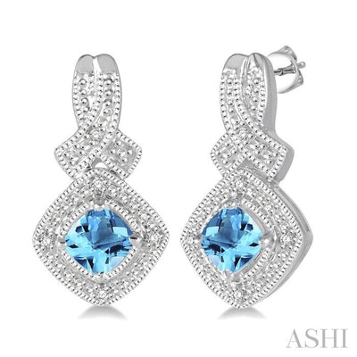 Silver Cushion Shape Gemstone & Diamond Earrings
