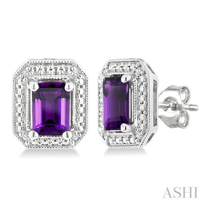 Silver Emerald Shape Gemstone & Diamond Earrings