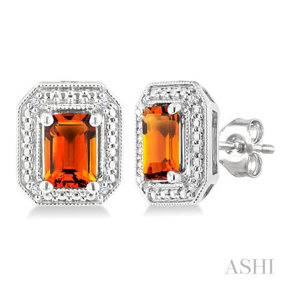 Silver Emerald Shape Gemstone & Diamond Earrings