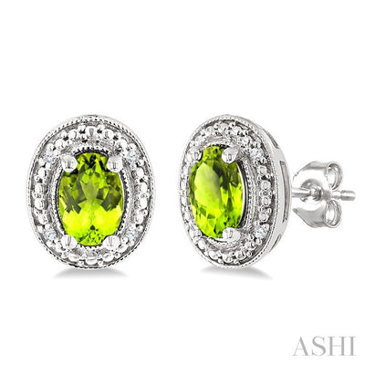 Silver Oval Shape Gemstone & Diamond Earrings