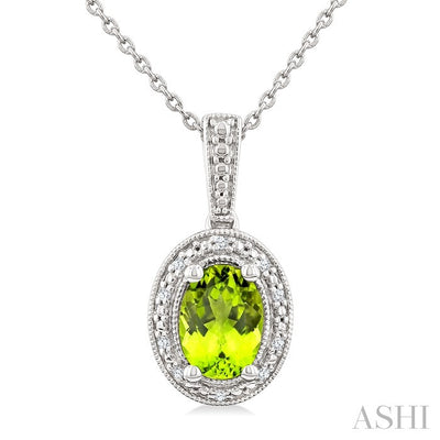 Silver Oval Shape Gemstone & Diamond Pendant