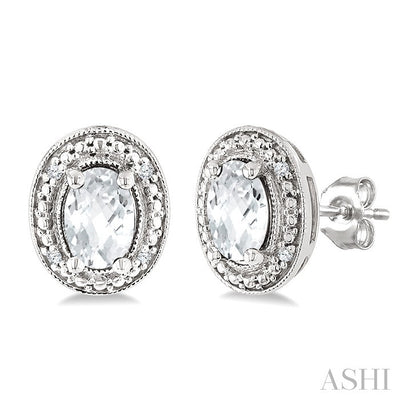 Silver Oval Shape Gemstone & Diamond Earrings