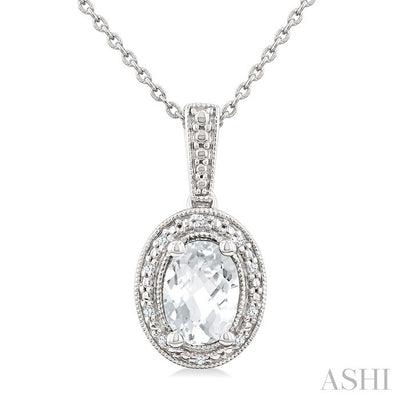 Silver Oval Shape Gemstone & Diamond Pendant