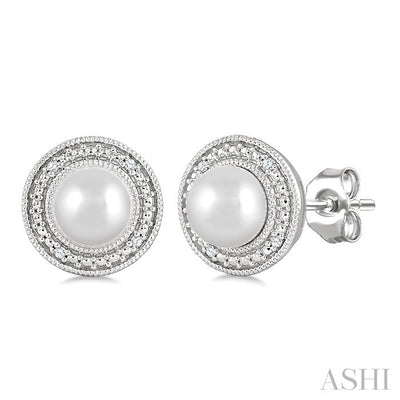 Silver Pearl & Halo Diamond Earrings