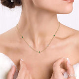 3/8 ctw Round Cut Diamond and 2.6MM Emerald Precious Station Necklace in 14K Yellow Gold