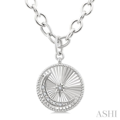 Silver Circle Crescent Moon & Star Fluted Medallion Diamond Pendant