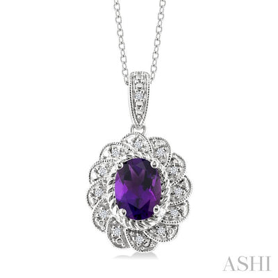 Silver Oval Shape Gemstone & Diamond Pendant