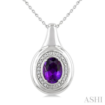 Silver Bold Oval Shape Gemstone & Diamond Pendant