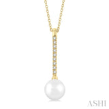 1/10 ctw Petite 7X7 MM Cultured Pearl and Round Cut Diamond Fashion Pendant With Chain in 10K Yellow Gold