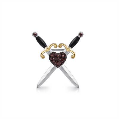 Sterling Silver & Yellow Gold Garnet Dagger Mens Pin With Black Enamel