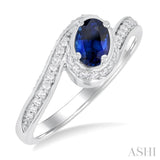 1/4 Ctw Bypass Oval Cut 6X4 MM Sapphire and Round Cut Diamond Precious Ring in 10K White Gold