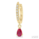 1/8 Ctw Round Cut Diamond & 5x3 MM Pear Cut Ruby Petite Fashion Huggie Earrings in 10K Yellow Gold