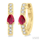 1/10 Ctw 4X3 MM Pear Cut Ruby and Round Cut Diamond Huggie Earrings in 10K Yellow Gold