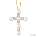 1/5 ctw Cross 4X4 MM Cultured Pearl and Round Cut Diamond Semi Precious Fashion Pendant With Chain in 10K Yellow Gold