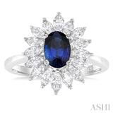 7X5MM Oval Cut Sapphire and 7/8 ctw Marquise Cut Diamond Floral Halo Precious Ring in 14K White Gold