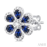 1/3 ctw Floral Blossom 4X3 MM Pear Cut Sapphire and Round Cut Diamond Precious Stud Earring in 14K White Gold