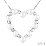 1/5 Ctw Heart Shape 3 MM Cultured Pearl and Round Cut Diamond Pendant With Chain in 14K White Gold