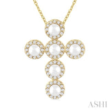 1/4 Ctw Cross 4X4 MM Cultured Pearl and Round Cut Diamond Pendant With Chain in 14K Yellow Gold