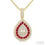 1/4 Ctw Pear Shape 1.25 MM & 1.45 MM Ruby, Baguette and Round Cut Diamond Precious Pendant With Chain in 14K Yellow Gold