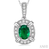 6x4 MM Oval Cut Emerald and 1/10 Ctw Single Cut Diamond Pendant in 14K White Gold with Chain