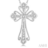 1/6 Ctw Vintage Cross Charm Round Cut Diamond Pendant With Link Chain in 10K White Gold