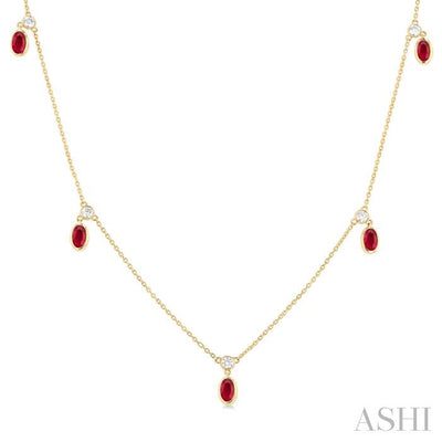 Oval Shape Gemstone & Diamond Station Necklace