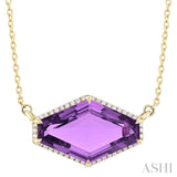16x10 MM Hexagon Shape Amethyst and 1/10 ctw Round Cut Diamond Halo Semi Precious Pendant With Chain in 14K Yellow Gold