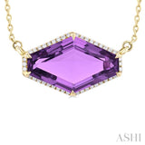 16x10 MM Hexagon Shape Amethyst and 1/10 ctw Round Cut Diamond Halo Semi Precious Pendant With Chain in 14K Yellow Gold
