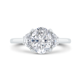 14K White Gold Three Stone Engagement Ring to fit Oval Center with Half-moon diamond sides