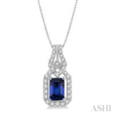 1/5 Ctw Interlocking Round Cut Diamond & 6x4 MM Emerald Cut Sapphire Precious Pendant With Chain in 14K White Gold