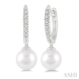 1/8 Ctw Round Cut Diamond & 6MM Cultured Pearls Drop Huggie Earrings 10K White Gold