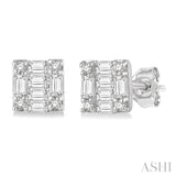 1/6 Ctw Square Shape Baguette and Round Cut Diamond Petite Fashion Earring in 14K White Gold.