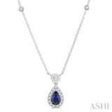 1/3 ctw Pear Cut 6X4MM Sapphire and Round Cut Diamond Lovebright Precious Necklace in 14K White Gold