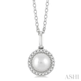 1/20 ctw Petite Round Cut Diamond Halo and 6X6 MM Cultured Pearl Fashion Pendant With Chain in 10K White Gold