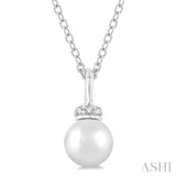 1/20 ctw Petite 6X6 MM Cultured Pearl and Round Cut Diamond Crown Fashion Pendant With Chain in 10K White Gold