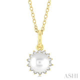 1/10 ctw Petite 6X6 MM Cultured Pearl and Round Cut Diamond Fashion Pendant With Chain in 10K Yellow Gold