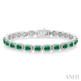 2 1/5 ctw 4X3 MM Emerald and Round Cut Diamond Halo Precious Tennis Bracelet in 14K White Gold