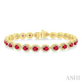2 1/6 ctw Oval Cut 4X3 MM Ruby and Round Cut Diamond Halo Precious Tennis Bracelet in 14K Yellow Gold