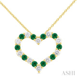 1/2 ctw Open Heart 2.3 MM Round Cut Emerald and Round Cut Diamond Precious  Fashion Pendant With Chain in 14K Yellow Gold